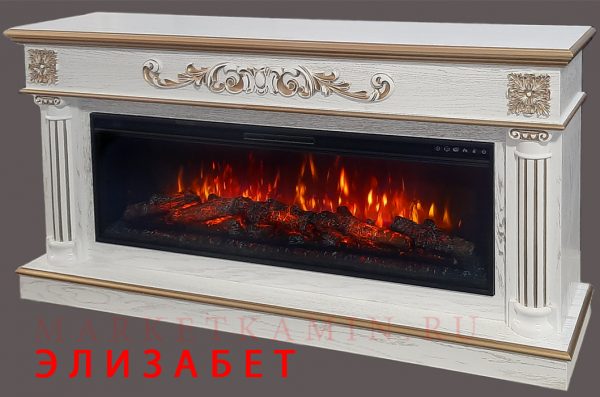 Элизабет (белый дуб с золотой патиной) Широкие очаги 50" на выбор (дрова/кристаллы/3D) Габариты (ШxВxГ)1700x850x350 мм