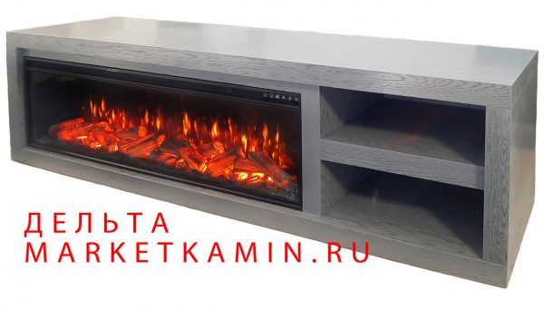 ТВ-тумба Дельта с открытой полкой (серый дуб с патиной) линейные очаги 60" на выбор (дрова/кристаллы/3D) Габариты (ШxВxГ): 2200х600х450 мм