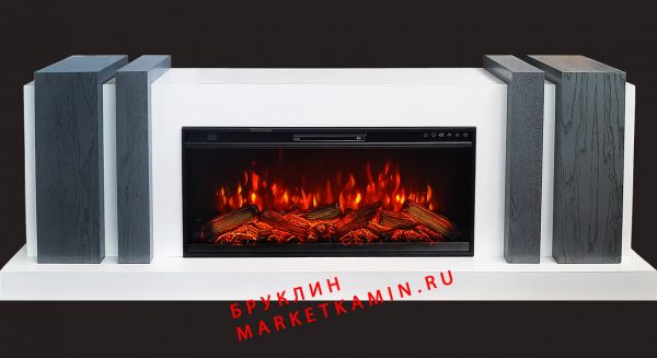Бруклин 2000 (белая эмаль/серый дуб) Симметричный камин-бар со скрытыми дверками. Очаги на выбор (дрова/кристаллы/паровые 3D) Размеры: ш 2000, в 700, г 400 мм
