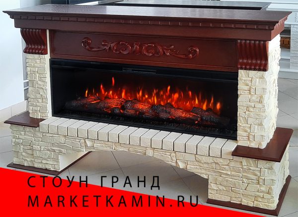 STONE GRANDE 190 (стоун орех/песочный сланец) широкие очаги 50" на выбор (дрова/кристаллы/3D) Цвет на выбор. Габариты (ШxВxГ): 1900х1100х450 мм