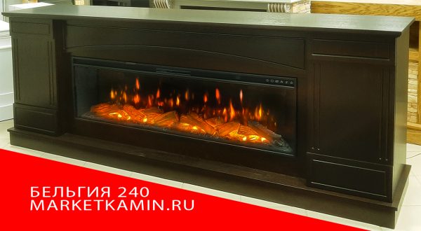 Бельгия (тёмный дуб) Максимально широкий камин-бар с дверками. Очаги 60" на выбор (дрова/кристаллы) Цвет на выбор. Габариты (ШxВxГ) 2400x900x450 мм