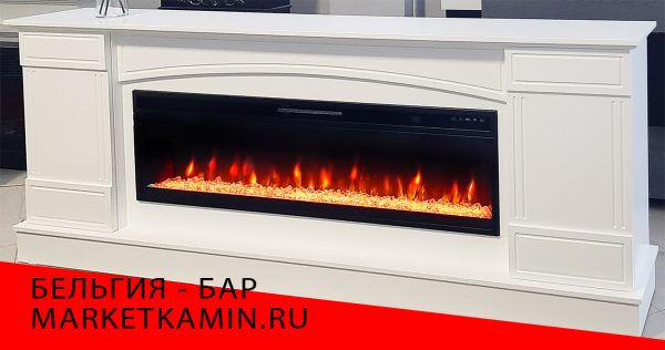 Бельгия (белая эмаль) камин-бар с дверками. Очаги 60 дюймов (дрова/кристаллы) Цвет на выбор. Габариты (ШxВxГ) 2400x900x450 мм