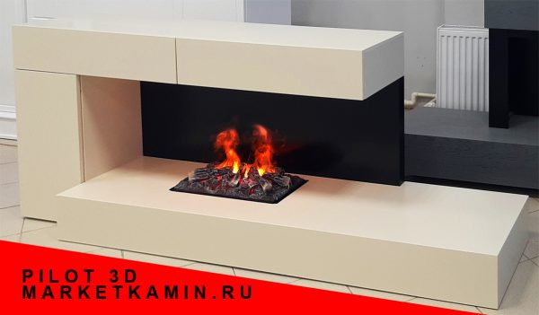 Пайлот. Камин-бар с дверкой и выдвижными ящиками. (Кремово-жемчужная эмаль/чёрный) Открытый очаг 3D с живым пламенем. Габариты (ШxВxГ): 2000х800х450 мм
