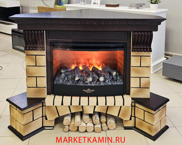 STONE LUXE Угловой с широким развёрнутым основанием (стоун камень травертин, Тёмный дуб) Очаги на выбор (плоские, панорамные, 3D) Цвет и отделка на выбор. Габариты (ШxВxКатет): 1380х1050х970 мм