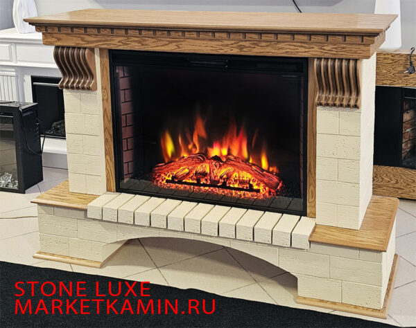 STONE LUXE 150 (стоун классич. дуб с патиной, песочный травертин) Большие очаги на выбор (LED/3D) Габариты (ШxВxГ): 1500х1100х430 мм