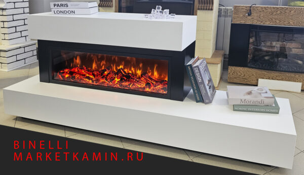 BINELLI (бинелли белая эмаль) Линейный асимметричный камин с боковой полкой. Очаги на выбор (электро/паровые 3D) Цвет на выбор. Габариты (ШxВxГ): 2000х800х400 мм