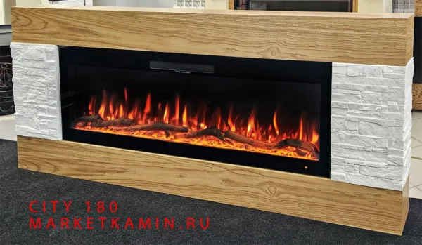 CITY 180 (сити классический дуб/белый сланец) Настенный/напольный камин. Варианты очагов в описании (дрова/кристаллы) Габариты (ШхВхГ) 1800×800х170-250 мм