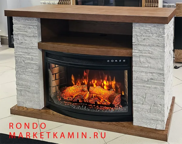 Рондо прямоугольный вариант с открытой полкой (медовый дуб/ бежево-серый сланец) Цвет дерева и камня на выбор. Панорамные очаги на выбор (LED, 3D) Габариты (ШxВxГ)1120x880x430 мм