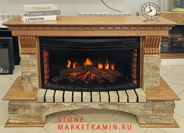STOUN LUXE с капителями (стоун медовый дуб/песочный сланец) Очаги на выбор (панорамное/плоское стекло/открытый 3D эффект живого пламени) Габариты (ШxВxГ): 1400х940х420 мм