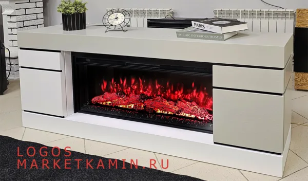 Логос Камин-бар с дверками, ТВ-тумба  (белый дуб/серый шёлк) Новые очаги на выбор (LED за стеклом/3D открытый с увлажнением) Габариты (ШxВxГ): 1600х750х300 мм