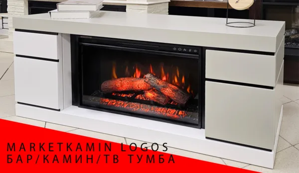 Логос Камин-бар с дверками, ТВ-тумба  (белый дуб/серый шёлк) Новые очаги на выбор (LED за стеклом/3D открытый с увлажнением) Габариты (ШxВxГ): 1300х600х400 мм