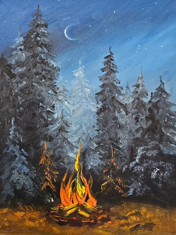 Костер в ночном лесу. Картина маслом на холсте. Ручная работа. Без рамы. Размеры: ш 30 см, в 40 см