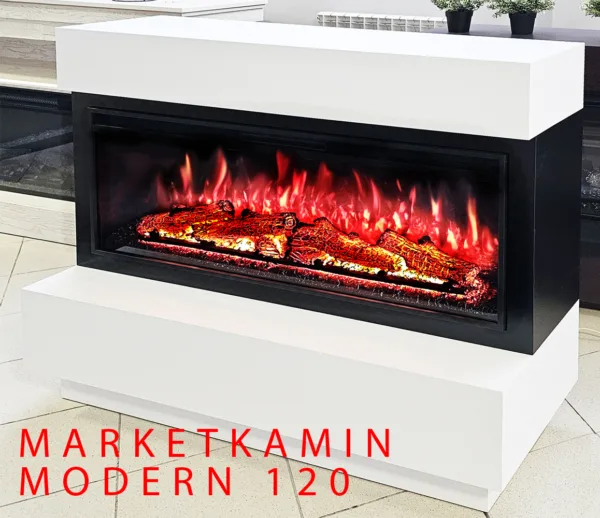 MODERN 120 (Модерн белая/чёрная эмаль) Очаги на выбор: LED за стеклом/ открытый 3D (варианты в описании) Габариты (ШxВxГ): 1200х1000х400 мм
