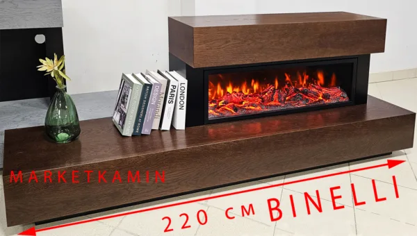 BINELLI (бинелли тёмный дуб) Линейный асимметричный камин с боковой полкой. Очаги на выбор (электро/паровые 3D) Цвет на выбор. Габариты (ШxВxГ): 2200х800х400 мм
