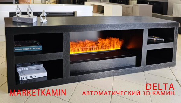 ТВ-тумба Дельта с 2 открытыми полками (чёрный дуб) очаги с 3D эффектом живого пламени и увлажнением воздуха на выбор (варианты смотрите в описании) Габариты (ШxВxГ): 2100х600х450 мм