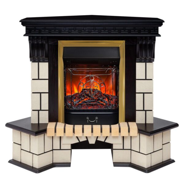 Электрокамин Stone Corner STD AO с очагом Majestic Lux Brass. Габариты (ШxВxГ) 128x112x80 см