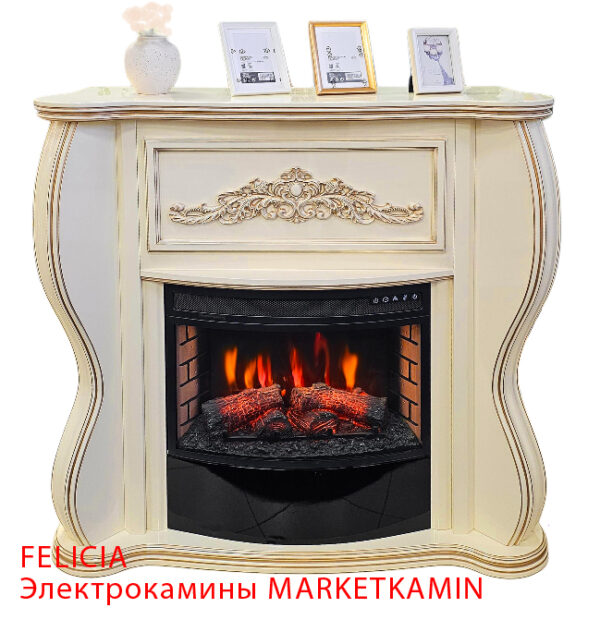 Felicia (Фелиция) Глянцевая эмаль Слоновая кость с золотой патиной. Панорамные очаги на выбор (LED/3D паровые) цвет на выбор. Габариты (ШxВxГ)1200x1200x400